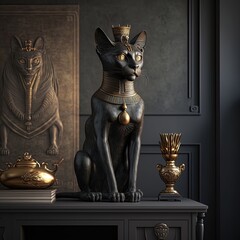 Ancient Egyptian black cat with golden ornaments. Statuette in black interior, podium. Ancient Egyptian goddess Bastet. AI