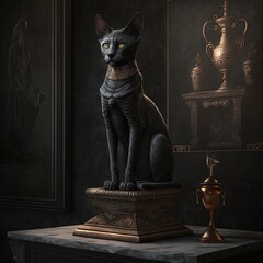 Wall Mural - Ancient Egyptian black cat with golden ornaments. Statuette in black interior, podium. Ancient Egyptian goddess Bastet. AI