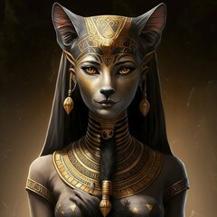 Ancient Egyptian goddess Bastet. Ancient Egyptian catwoman with gold jewelry. AI