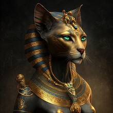 Ancient Egyptian Goddess Bastet. Ancient Egyptian Catwoman With Gold Jewelry. AI
