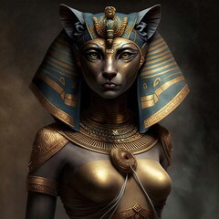 Wall Mural - Ancient Egyptian goddess Bastet. Ancient Egyptian catwoman with gold jewelry. AI