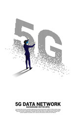 Poster - Silhouette man wear VR glasses with pixel 5G mobile networking. Concept of digital virtual reality technology and AR .