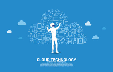 Poster - Silhouette man wear VR glasses and Cloud computing network technology shaped with utility functional icon.Concept of cloud server, Storage and data