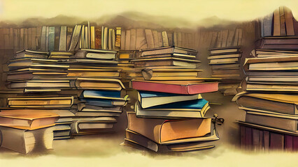 Stacks of old dusty books. Background education illustration, digital matte painting, generative ai