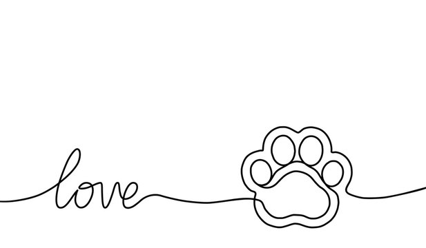 Paw prints. Hand drawn background footprint pet, dog or cat. Continuous line. Drawing single outline. Foot puppy. Black silhouette paw. Cute paw print. Design trace foot prints. Vector illustration
