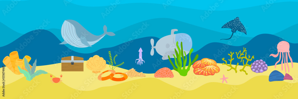 Cartoon underwater landscape with sunken frigate ship. Vector game ...