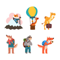 Wall Mural - Cute Animals Tourist or Travellers with Trunk, Camera and Backpack Hiking Vector Set