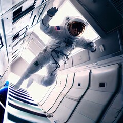 Wall Mural - A fictional person, not based on a real person. Portrait of an fictional astronaut in a spacesuit. High-tech astronaut from the future. The concept of space travel. Generative AI