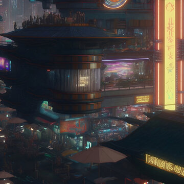 A Futuristic Cityscape at Night. [Digital Art Painting, Sci-Fi / Fantasy / Horror Background, Graphic Novel, Postcard, or Product Image]