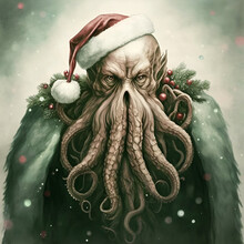 Father Christmas Cthulhu In A Green Fur Cloak. [Digital Art Painting, Sci-Fi / Fantasy / Horror Background, Graphic Novel, Postcard, Or Product Image]