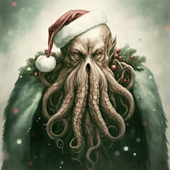 Wall Mural - Father Christmas Cthulhu in a Green Fur Cloak. [Digital Art Painting, Sci-Fi / Fantasy / Horror Background, Graphic Novel, Postcard, or Product Image]