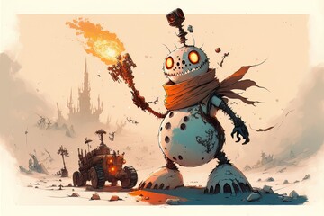 Illustration of Grunge Road Warrior Snowman in Apocalyptic World