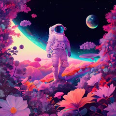 Wall Mural - An astronaut on an alien planet. A high-tech astronaut from the future. The concept of space travel. Generative AI