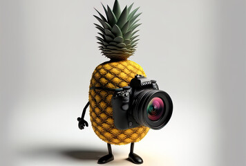 On a white background, a cute pineapple shaped figure from a hipster cartoon is stabilized by a tripod for a DSLR or video camera.. Generative AI