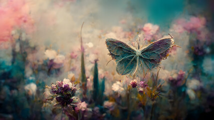 Wall Mural - Delicate oil painting of a surreal butterfly with flowers. Pastel tones. Generative AI.