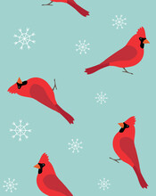 Vector Seamless Pattern Of Flat Hand Drawn Red Cardinal Bird And Snowflakes Isolated On Mint Background