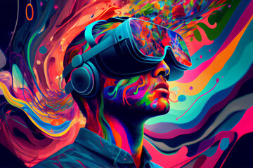  A person in a futuristic virtual reality headset, surrounded by a sea of vibrant data and sensory stimuli, interactting with a virtual reality environment that has been designed to simulate the brain 