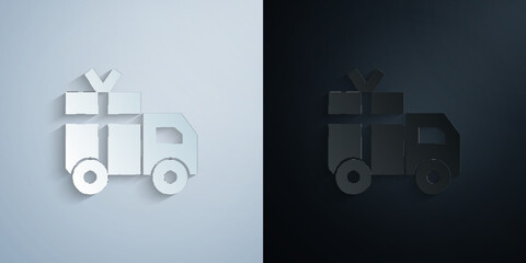 Sticker - Delivery, present, shipping, truck paper icon with shadow vector illustration