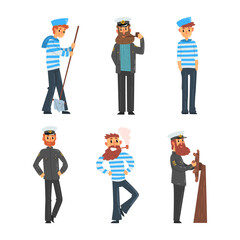 Poster - Sailors and Captain in Uniform with Cap and Striped Shirt on Board of Ship Vector Set