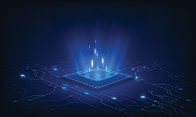 abstract technology chip processor background circuit board and html code,3d illustration blue techn