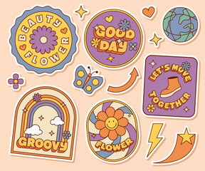 groovy hippie 70s flowers, rainbow, shoes, planet, ice cream,music, and moon in retro vintage psychedelic cartoon illustration style sticker pack collection vol.2