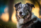 Fototapeta Młodzieżowe - Senior dog posing in a portrait headshot with bokeh in a natural environment. Generative AI