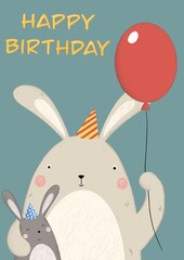 Two rabbits standing in a hug wearing holiday hats and with a ball in their paw. On the top is a happy birthday inscription. The illustration can be used on birthday cards, banners, flyers.