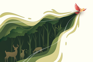 Wall Mural - Flying bird in natural forest layered shape wavy background in paper cut style