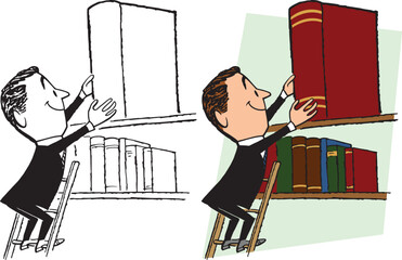 Sticker - A vintage retro cartoon of a businessman stacking books on a library shelf. 