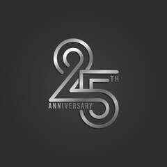 anniversary 25th. the silver number is on black background. vector illustration.