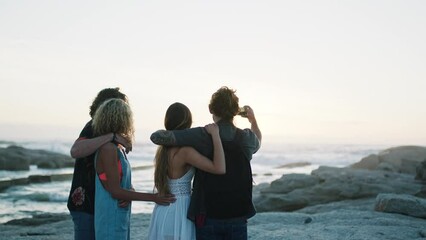 Wall Mural - Phone, friends and selfie at beach for sunset, bonding and summer happiness on holiday together. People, smartphone and photo for social media, summer and ocean in dusk sunshine with smile in hawaii