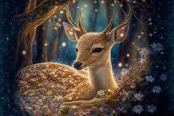 Wall Mural - Magic deer in fairy forest. Spirit of the forest. Digital art