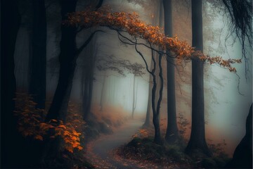 Fototapete - Autumn in the forest, dark foggy day