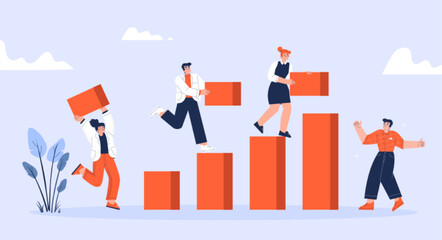 Wall Mural - Business team work together, build growth graph. Concept of teamwork, development, leadership, cooperation with people employee carry blocks to chart, vector flat illustration