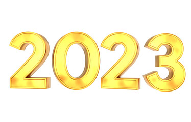 2023 golden new year symbol 3d illustration, happy new year 2023 number gold metallic transparent background