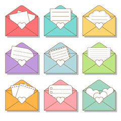 Envelope set with note paper card and letter icon on white background.  Vector illustration.