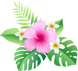 Wall Mural - Hibiscus flowers on tropical leaf