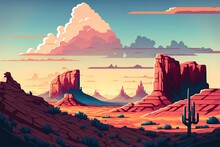 Desert Valley Landscape With Bone Dry Rocky Sand Plains And Towering Eroded Sandstone Rock Formation Cliffs. Generative AI 