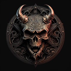 Poster - Metal badge medal with skull evil and patterns in black background