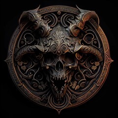 Poster - Metal badge medal with skull evil and patterns in black background