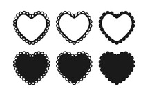 Scalloped Edge Heart Shapes Set. Simple Heart Scalloped Border. Fabric Laces Silhouette Frame. Repeat Cute Vintage Frill Ornament. Texture Ribbons. Vector Illustration Isolated On White Background.