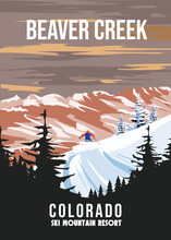 Beaver Creek Ski Travel Resort Poster Vintage. Colorado USA Winter Landscape Travel Card