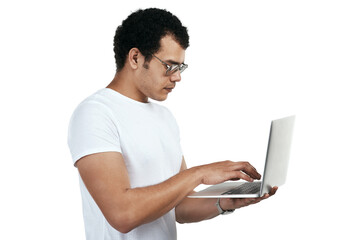 PNG shot of a man using a laptop while standing against a grey background