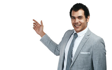 PNG studio shot of a businessman pointing at copyspace against a grey background