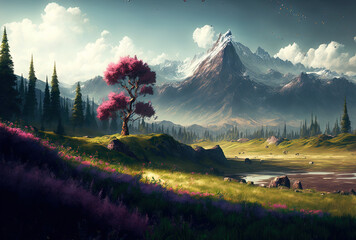 Beautiful meadow with low trees, little mountains, and. Generative AI