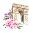 Triumphal arch in Paris and bouquet of flowers. Welcome to France card concept. Hand drawn watercolor illustration  isolated on white  background