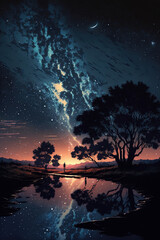 Wall Mural - clear night with galaxy, lake reflection, sky with movie atmosphere and wonderful cloud, beautiful c