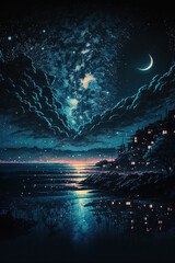 Wall Mural - clear night with galaxy, lake reflection, sky with movie atmosphere and wonderful cloud, beautiful c