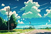 Journey At Wild Nature. Clear Sunny Day, Sky With Movie Atmosphere And Wonderful Cloud, Beautiful Colorful Landscape, Anime Comic Style Art. For Poster, Novel, UI, WEB, Game, Design