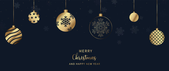 Wall Mural - Luxury christmas and happy new year concept background vector. Elegant gradient gold hanging bauble balls decorated with snowflake on dark blue background. Design for wallpaper, card, cover, poster.